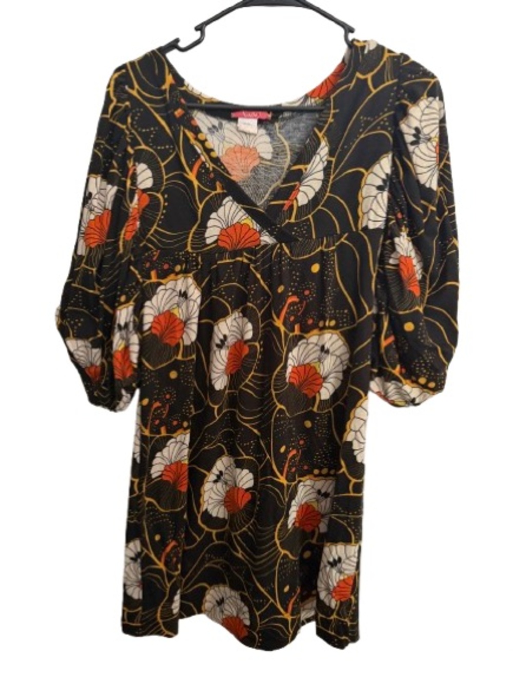 Lux Black Floral Mini Dress with White and Rust Accents